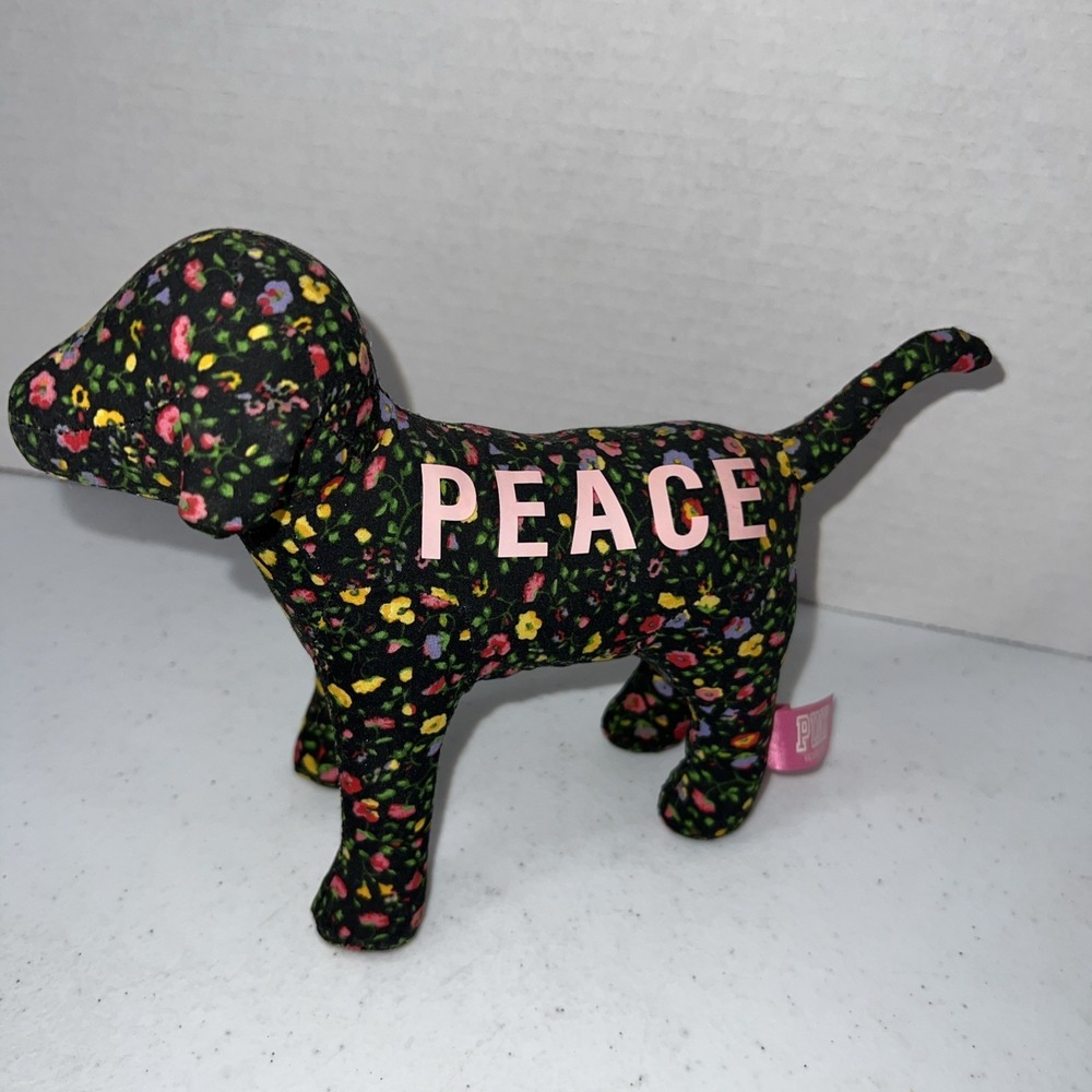 Victoria's Secret Pink Floral Fabric Peace Dog Plush Flowers‎ Stuffed Animal 8"